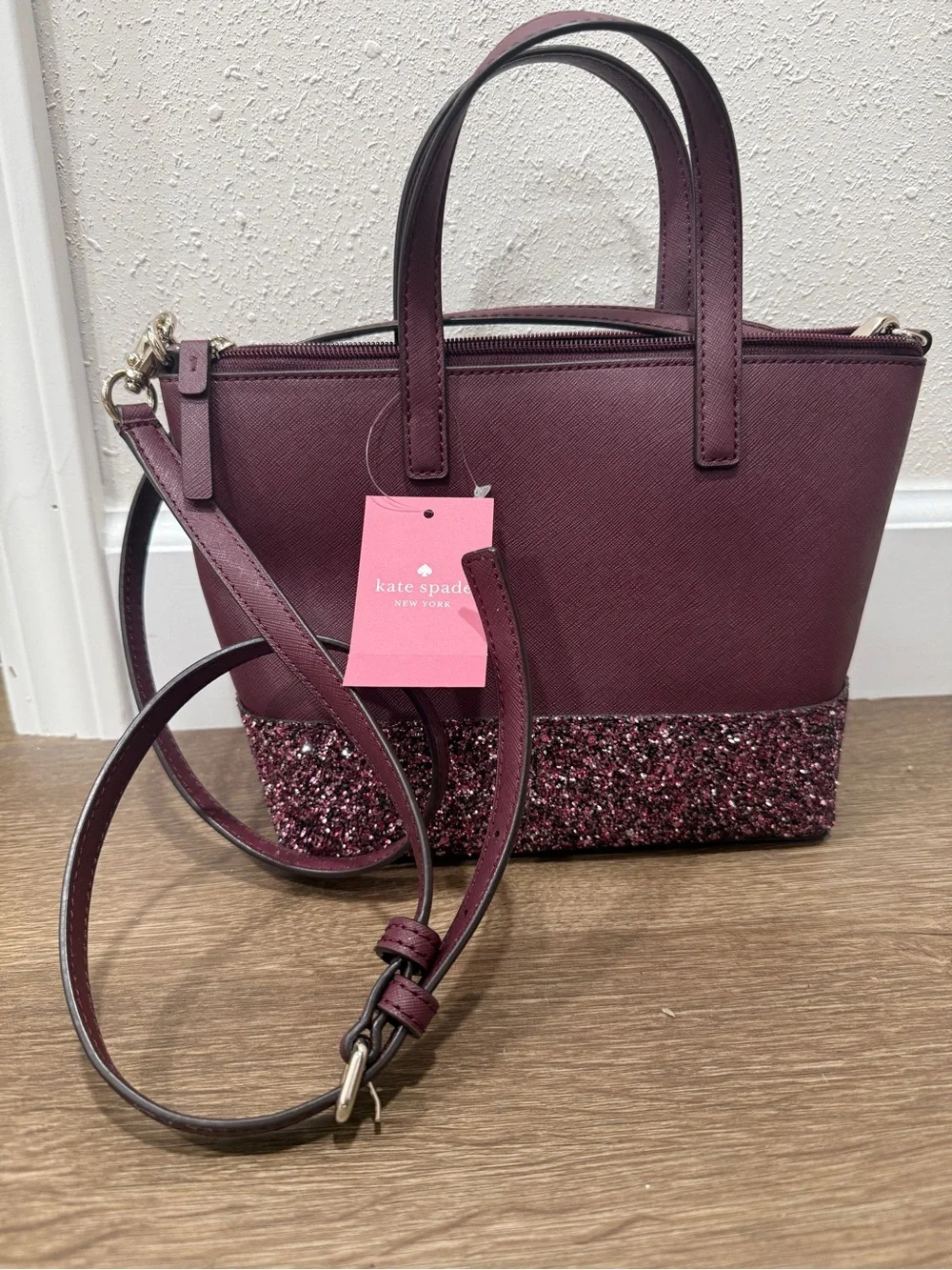 kate spade Plum Glitter-Trim Leather Satchel
